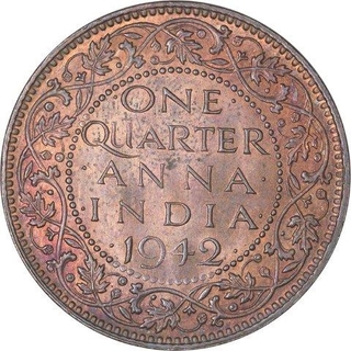 Copper One Quarter Anna Coin of King George VI of Calcutta Mint of 1942.