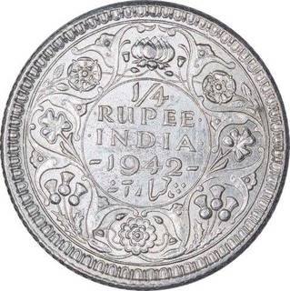 Silver Quarter Rupee Coin of King George VI of Calcutta Mint of 1942.