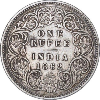 Silver One Rupee Coin of Victoria Queen of Calcutta Mint of 1862.