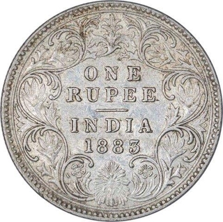 Silver One Rupee Coin of Victoria Empress of Bombay Mint of 1883.