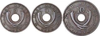 Bronze Five and Ten Cent Coins of Edwardvs VIII and Georgivs VI of East Africa Protectorate.