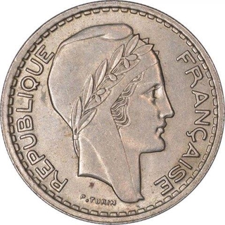 Nickle Ten Francs Coin of France.