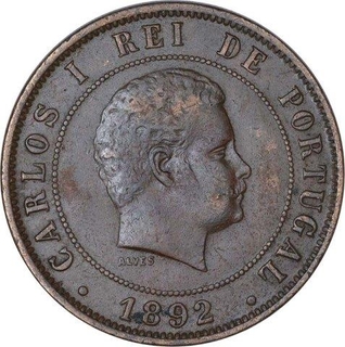 Copper Twenty Reis Coin of Carlos I of Portuguese.