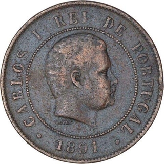 Copper Twenty Reis Coin of Carlos I of Portuguese.