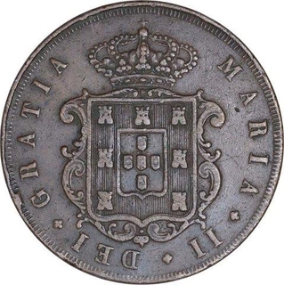 Copper Twenty Reis Coin of Maria II of Portuguese.