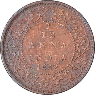 Copper One Twelfth Anna Coin of Victoria Queen of Madras Mint of 1862.