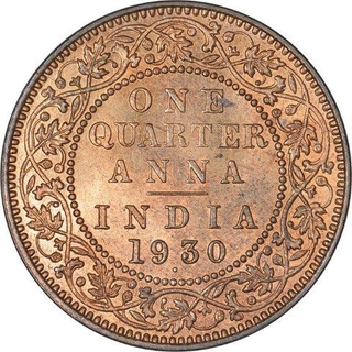 Bronze One Quarter Anna Coin of King George V of Bombay Mint of 1930.