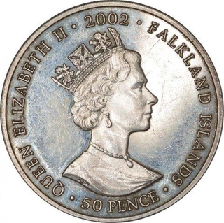 Cupro Nickle Fifty Pence Coin of Queen Elizbeth of Falkland Islands of 2002.