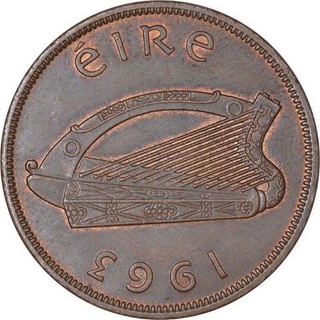 Copper One Penny Coin of Ireland.