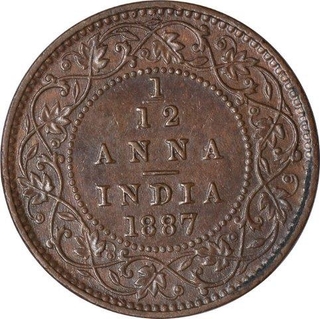 Copper One Twelfth Anna Coin of Victoria Empress of Calcutta Mint of 1887.