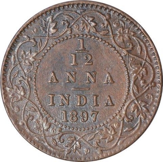 Copper One Twelfth Anna Coin of Victoria Empress of Calcutta Mint of 1897.