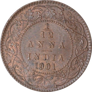 Copper One Twelfth Anna Coin of Victoria Empress of Calcutta Mint of 1901.