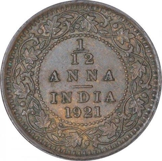 Bronze One Twelfth Anna Coin of of King George V of Calcutta Mint of 1921.