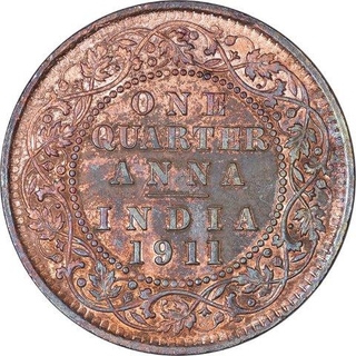 Rare Bronze One Quarter Anna Coin of King George V of Calcutta Mint of 1911.