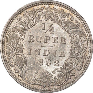 Silver Quarter Rupee Coin of Victoria Queen of Calcutta Mint of 1862.