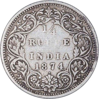 Silver Quarter Rupee Coin of Victoria Queen of Bombay Mint of 1874.