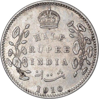 Silver Half Rupee Coin of King Edward VII of Calcutta Mint of 1910.