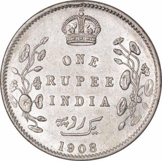 Silver One Rupee Coin of King Edward VII of Calcutta  Mint of 1908.