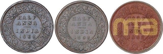 Copper Half Anna Coins of Victoria Queen of Calcutta Mint of 1862.