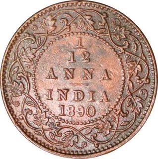 Copper One Twelfth Anna Coin of Victoria Empress of Calcutta Mint of 1890.