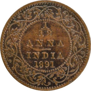 Copper One Twelfth Anna Coin of Victoria Empress of Calcutta Mint of 1891.