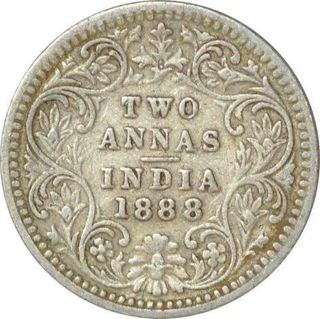 Silver Two Annas Coin of Victoria Empress of Bombay Mint of 1888.