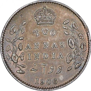 Silver Two Anna Coin of King Edward VII of Calcutta Mint of 1906.