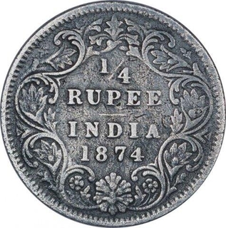 Silver Quarter Rupee Coin of Victoria Queen of Calcutta Mint of 1874.