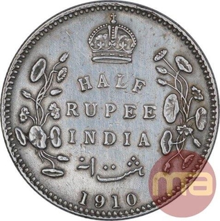 Silver Half Rupee Coin of King Edward VII of Calcutta Mint of 1910.