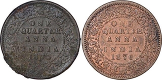 Lot of Two Copper One Quarter Anna Coin of Victoria Queen of Calcutta Mint.