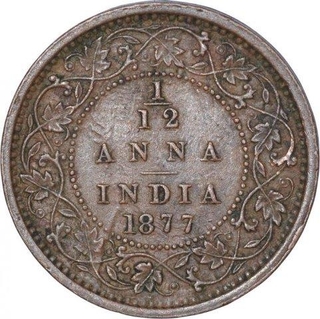 Copper One Twelfth Anna Coin of Victoria Empress of Bombay Mint of 1877.