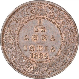 Copper One Twelfth Anna Coin of Victoria Empress of Calcutta Mint of 1894.