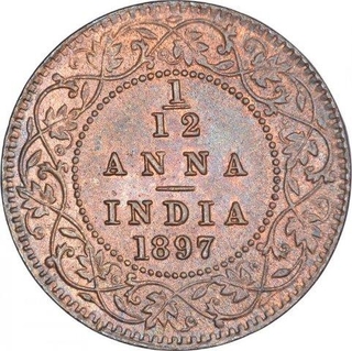 Copper One Twelfth Anna Coin of Victoria Empress of Calcutta Mint of 1897.