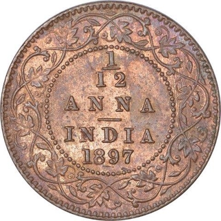 Copper One Twelfth Anna Coin of Victoria Empress of Calcutta Mint of 1897.