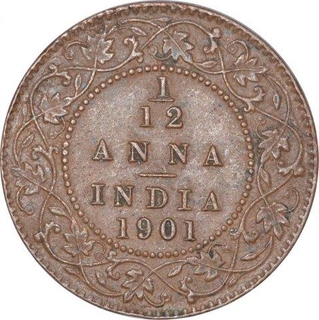 Copper One Twelfth Anna Coin of Victoria Empress of Calcutta Mint of 1901.