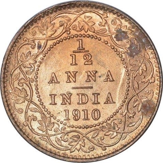 Bronze One Twelfth Anna Coin of King Edward VII of Calcutta Mint of 1910.