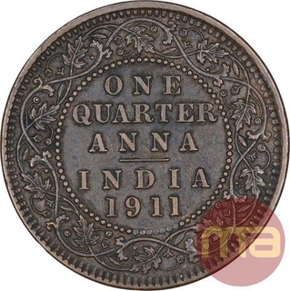 Bronze One Quarter Anna Coin of King George V of Calcutta Mint of 1911.