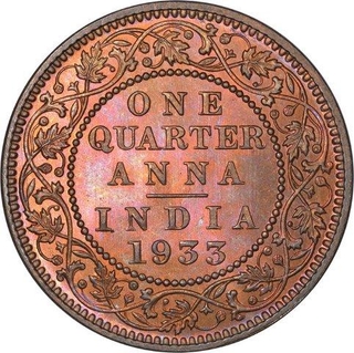 Bronze One Quarter Anna Coin of King George V of Calcutta Mint of 1933.