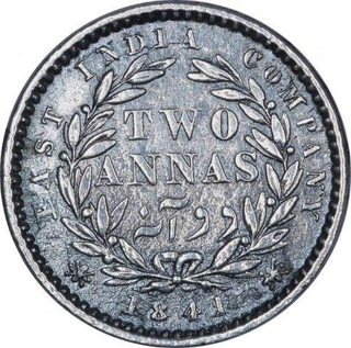 Silver Two Annas Coin of Victoria Queen of Calcutta Mint of 1841.