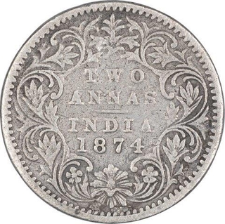 Silver Two Annas Coin of Victoria Queen of Bombay Mint of 1874.