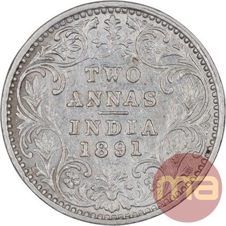 Silver Two Annas Coin of Victoria Empress of Bombay Mint of 1891. 