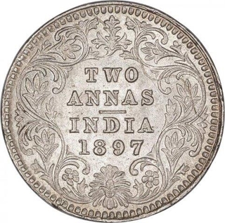 Silver Two Annas Coin of Victoria Empress of Calcutta Mint of 1897.