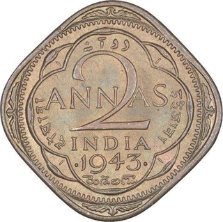 Nickel Brass Two Annas Coin of King George VI of Bombay Mint of 1943.