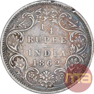 Silver Quarter Rupee Coin of Victoria Queen of Calcutta Mint of 1862.