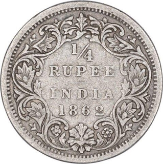 Silver Quarter Rupee Coin of Victoria Queen of Bombay Mint of 1862.