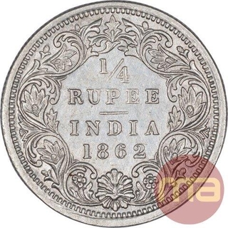 Silver Quarter Rupee Coin of Victoria Queen of Bombay Mint of 1862.