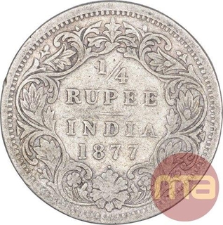 Rare Silver Quarter Rupee Coin of Victoria Empress of Bombay Mint of 1877.