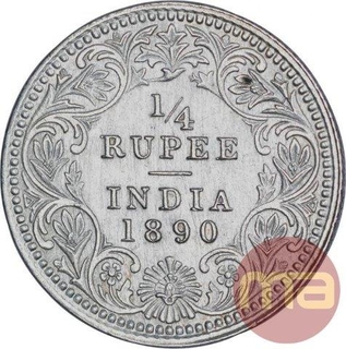 Silver Quarter Rupee Coin of Victoria Empress of Calcutta Mint of 1890.