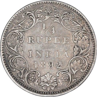 Silver Quarter Rupee Coin of Victoria Empress of Bombay Mint of 1892.