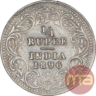 Silver Quarter Rupee Coin of Victoria Empress of Calcutta Mint of 1896.